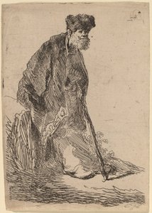 Mann i frakk og pelshette lener seg mot en bank av Rembrandt van Rijn