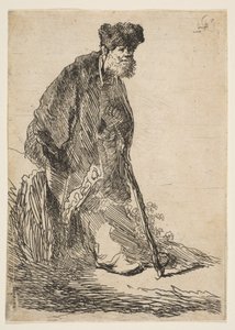 Mann i frakk og pelshette lener seg mot en bank, ca. 1630. av Rembrandt van Rijn
