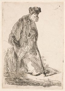 En mann i kappe og pelslue som lener seg mot en benk av Rembrandt van Rijn