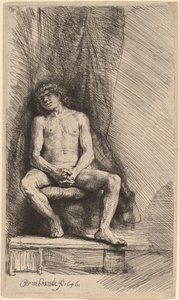Naken mann sitter foran en gardin av Rembrandt van Rijn