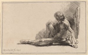 Naken mann sitter på bakken med ett ben forlenget av Rembrandt van Rijn