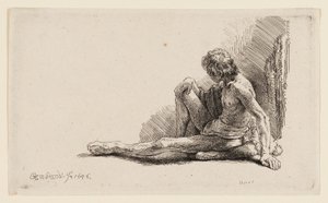Naken mann sitter på bakken med ett ben forlenget av Rembrandt van Rijn