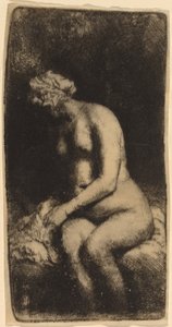 Naken sittende på en benk med en pute (kvinne som bader føttene ved en bekk) av Rembrandt van Rijn