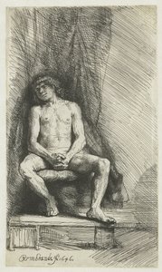 Naken ung mann, sittende foran en gardin Naken mann som sitter foran en gardin av Rembrandt van Rijn