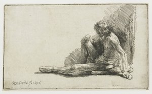 Naken mann sitter på bakken med ett ben utstrakt av Rembrandt van Rijn