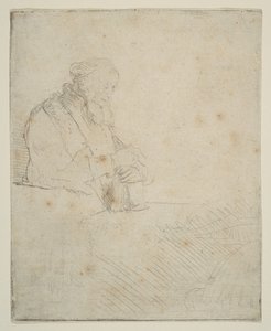 Gammel mann i meditasjon, lener seg på en bok, ca. 1645. av Rembrandt van Rijn