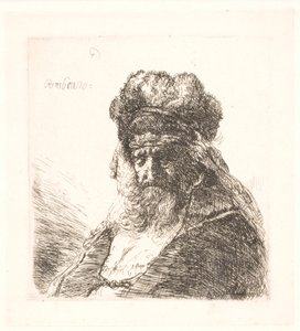 Gammel skjeggete mann i høy pelshatt, med lukkede øyne av Rembrandt van Rijn