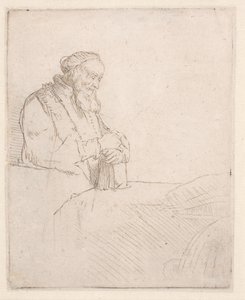 En gammel mann i meditasjon, som lener seg mot en bok av Rembrandt van Rijn