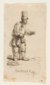 Bonde med høy lue, stående lent på en pinne av Rembrandt van Rijn