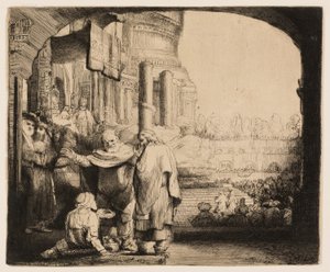 Peter og Johannes helbreder den krøplingen ved tempelporten av Rembrandt van Rijn