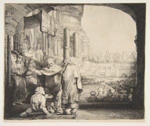 Peter og Johannes helbreder den krøplingen ved tempelporten, 1659. av Rembrandt van Rijn