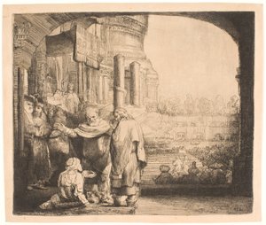 Peter og Johannes helbreder den krøplingen ved tempelporten av Rembrandt van Rijn