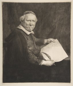 Portrett av Lieven Willemsz van Coppenol, Writing Master the larger plate, 1658. av Rembrandt van Rijn