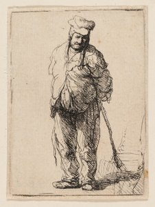 Raget bonde med hendene bak seg, holder en pinne av Rembrandt van Rijn