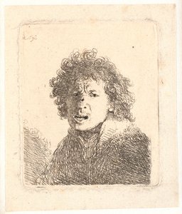 Rembrandt barhodet og åpen munn, som om han ropte: byste av Rembrandt van Rijn