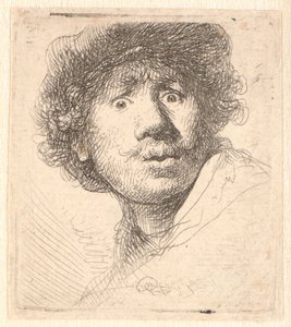 Rembrandt in a cap, open mouthed and staring: bust in outline   1269100   no       norwegian Successfully Translated  Original: A Banker from Scenes from the Private and Public Life of Animals, ca. 1837-47. Translat: A Banker from Scenes from the Private a av Rembrandt van Rijn