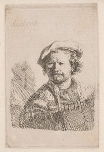 Rembrandt i flat lue med sjal om skuldrene av Rembrandt van Rijn