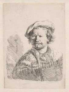 Rembrandt i flat lue med sjal om skuldrene av Rembrandt van Rijn
