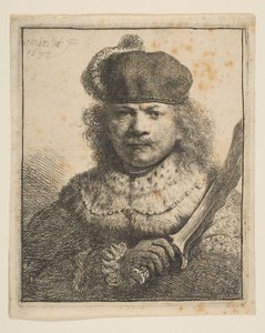 Rembrandt med hevet sabel, 1634. av Rembrandt van Rijn