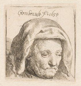 Rembrandts mor med et hodeplagg av stoff, mens hun ser ned: kun hodet av Rembrandt van Rijn
