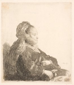 Rembrandts mor satt vendt mot høyre, i en orientalsk hodeplagg: halvlang, viser hender av Rembrandt van Rijn