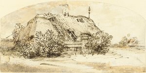 Ødelagt hytte med strå bevokst med busker av Rembrandt van Rijn