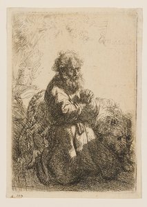 Den hellige Hieronymus knelende i bønn, med blikket vendt nedover av Rembrandt van Rijn