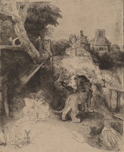 Saint Jerome leser i et italiensk landskap, ca. 1653. av Rembrandt van Rijn