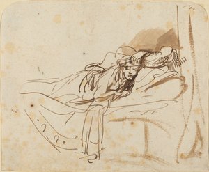Saskia(?) Ligger i sengen av Rembrandt van Rijn