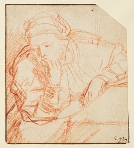 Saskia satt ved et bord, av Rembrandt van Rijn