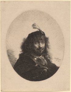 Selvportrett (?) med plymerhette og senket sabel av Rembrandt van Rijn