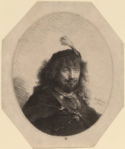 Selvportrett (?) med plymerhette og senket sabel av Rembrandt van Rijn