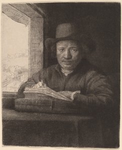 Selvportrett tegning ved et vindu av Rembrandt van Rijn