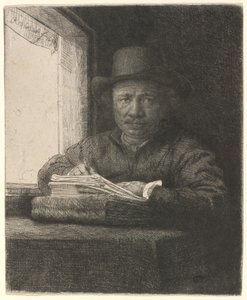 Selvportrett tegning ved et vindu av Rembrandt van Rijn