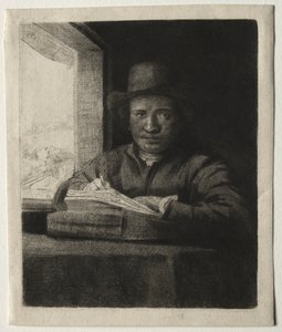 Selvportrett tegning ved et vindu av Rembrandt van Rijn