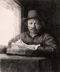 Selvportrett tegning ved et vindu av Rembrandt van Rijn av Rembrandt van Rijn