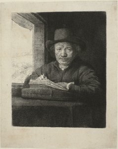 Selvportrett Etsning ved et vindu av Rembrandt van Rijn