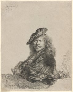 Selvportrett lener seg på en steinterskel av Rembrandt van Rijn