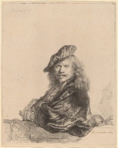 Selvportrett lener seg på en steinterskel av Rembrandt van Rijn