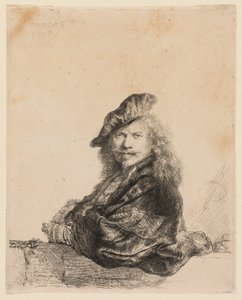 Selvportrett lener seg på en steinterskel av Rembrandt van Rijn