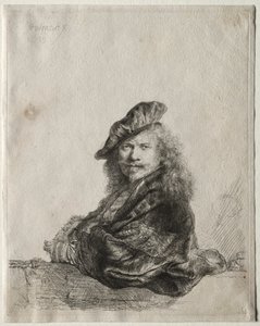 Selvportrett lener seg på en steinterskel av Rembrandt van Rijn