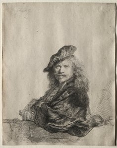 Selvportrett lener seg på en steinterskel, 1639. av Rembrandt van Rijn