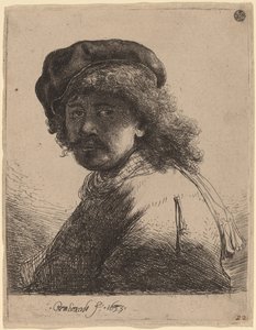 Selvportrett i lue og skjerf med ansiktet mørkt av Rembrandt van Rijn