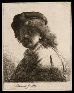 Selvportrett i lue og skjerf med ansiktet mørkt: byste av Rembrandt van Rijn