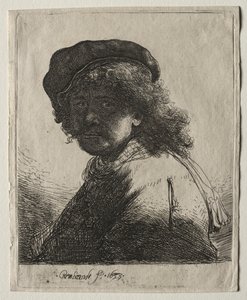 Selvportrett i lue og skjerf med ansiktet mørkt: Bust, 1633. av Rembrandt van Rijn