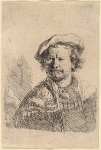 Selvportrett i flat caps og brodert kjole av Rembrandt van Rijn