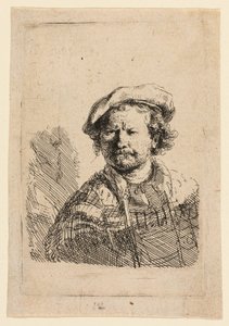 Selvportrett i flat caps og brodert kjole av Rembrandt van Rijn