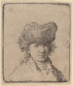Selvportrett i en pelshatt av Rembrandt van Rijn