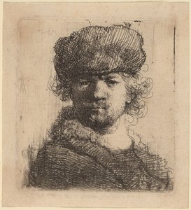 Selvportrett i en lue med kraftig pels av Rembrandt van Rijn