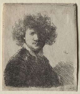 Selvportrett med krøllete hår og hvit krage: Byste av Rembrandt van Rijn